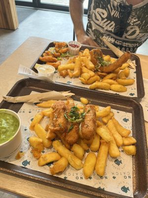 Battered sausage and chips and fish and chips  at The No Catch Co in Brighton