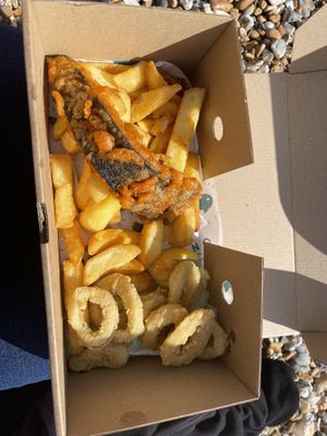 Smoked Haddock and Chips with Calamari  at The No Catch Co in Brighton