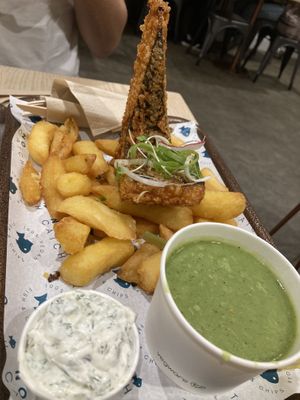 Cod, chips and mushy peas  at The No Catch Co in Brighton