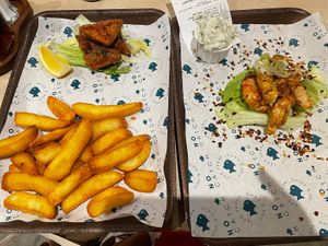 Tofish with chips (kids size) and prawns   at The No Catch Co in Brighton