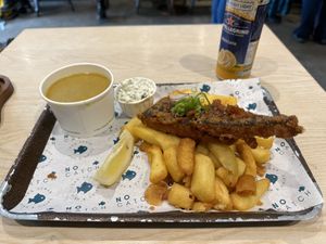 Regular cod and chips with tartare sauce and curry sauce  at The No Catch Co in Brighton