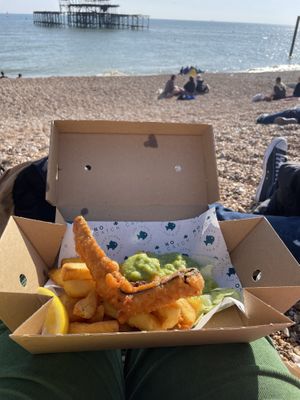 Fish and chips on the beach at The No Catch Co in Brighton