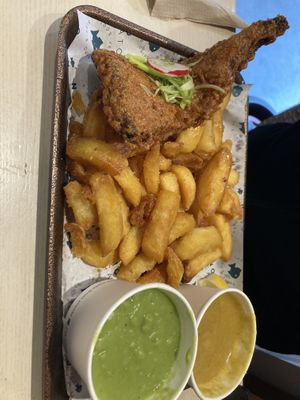 Smoked haddock and chips with mushy peas and curry sauce   at The No Catch Co in Brighton
