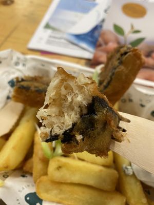 Tofish and chips (at Bristol Vegan Fayre)  at The No Catch Co in Brighton