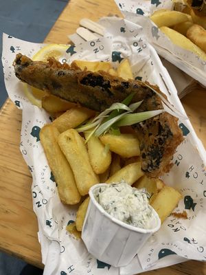 Tofish and chips (at Bristol Vegan Fayre)  at The No Catch Co in Brighton
