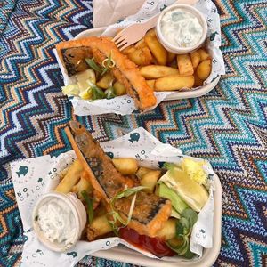 Mock fish and chips  at The No Catch Co in Brighton