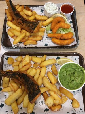 Cod and chips, mushy peas, lemon shrimps and don’t forget the tartar sauce   at The No Catch Co in Brighton
