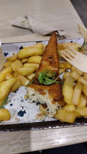 Vegan cod and chips, made from shredded tofu at The No Catch Co in Brighton