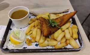 Vegan cod and chips, made from shredded tofu at The No Catch Co in Brighton