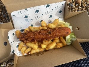Battered Saveloy and chips  at The No Catch Co in Brighton