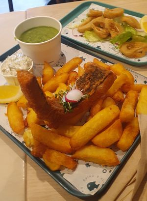 Fish and chips and calamari at The No Catch Co in Brighton