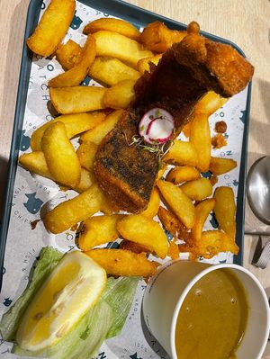 Tofish and chips with curry sauce   at The No Catch Co in Brighton