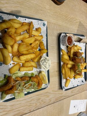 Prawns with chips and tartare sauce, and sausages with chips and ketchup  at The No Catch Co in Brighton