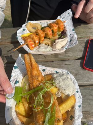 Vegan cod and chips, side of prawn tempura and calamari at The No Catch Co in Brighton