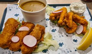 Battered sausages, tempura prawns, curry sauce and tartare sauce at The No Catch Co in Brighton