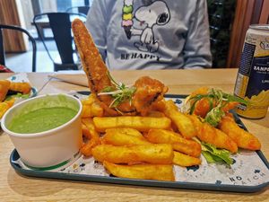 Vegan smoked haddock and chips and lemon shrimp at The No Catch Co in Brighton