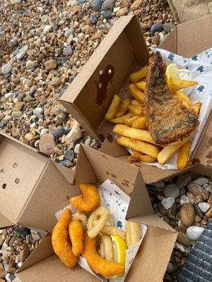 calamari and lemon shrimp (left), tofish & chips (right) at The No Catch Co in Brighton