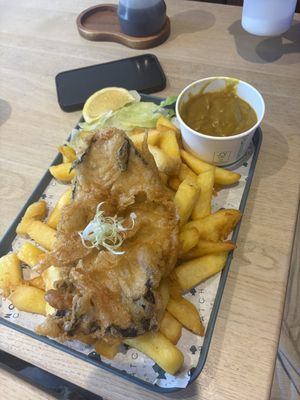 large cod & chips & curry sauce  at The No Catch Co in Brighton