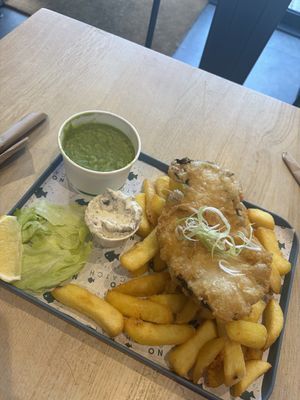 large cod & chips- mushy peas & tartare   at The No Catch Co in Brighton