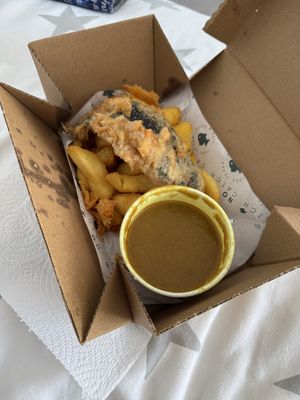 Regular ‘cod’ and chips with curry sauce   at The No Catch Co in Brighton