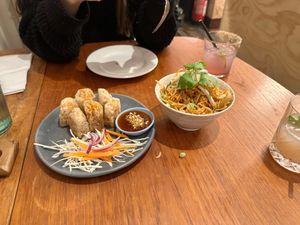 Yuan-Style Spring rolls and Mee Krob Noodles at Chim's in Sutton