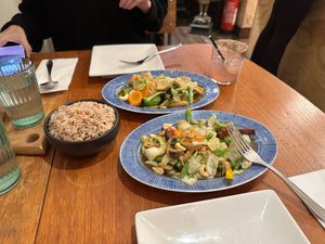 Cashew Nut Stir-Fry with garlic brown rice at Chim's in Sutton