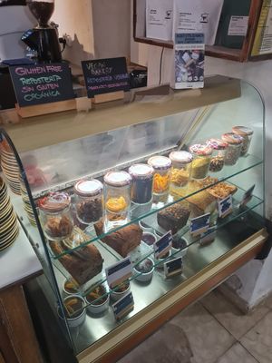 Display case with desserts and baked goods at Miga de Nube in Mallorca