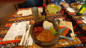 The peanut stew with fried plantain (food banana) on the side. at Babemba in Gothenburg