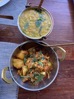 I’m sorry I didn’t take pictures of the other things we had - dumplings, chef’s salad and various types of bread. All great! Pictured here are the daal and aloo goobi.  at Hola India in Jaco