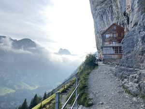 View of the front of the restaurant at Aescher in Schwende