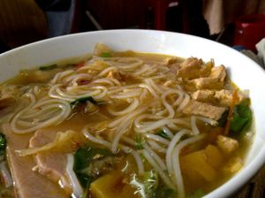 Bún Riêu Chay 20,000 VND (A noodle soup with tofu and faux meat.) at Thuy in Da Nang