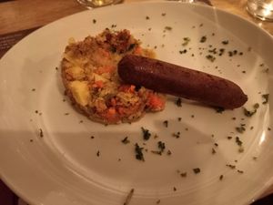 Stoemp and vegan sausage at Le Zinneke in Brussels