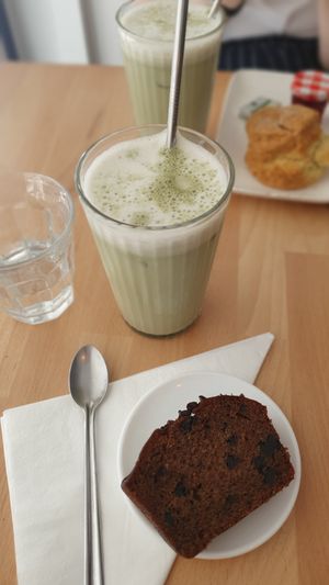 Matcha latte and the chocolate banana bread! at Oh My Goodness Café in Strasbourg