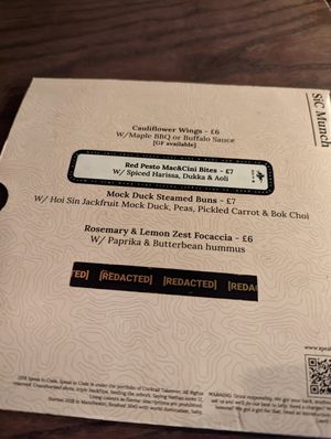 Food menu at Speak In Code in Manchester