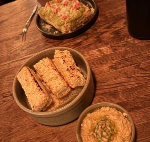 Houmous and focaccia plus Green sunflower pesto on toasted homemade focaccia  at Speak In Code in Manchester
