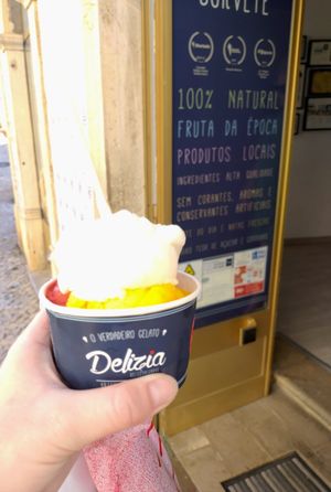 Lemon, mango, strawberry sorbet at Delizia Da Ponte in Tavira