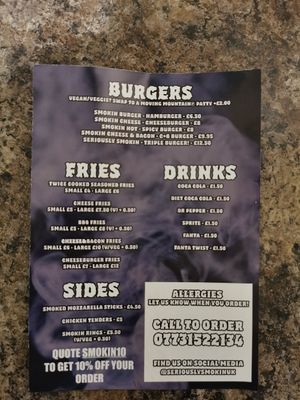 Menu at Seriously Smokin in Sheffield