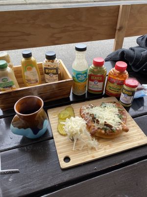 An array of mustards for the pretzel   at Portal Brewing in Medford