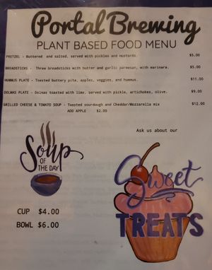 They have a munchies menu right now with changing specials each week. The artifish tacos are amazing 👏  they also have beyond chickn tacos this week and soup in a breadbowl. at Portal Brewing in Medford