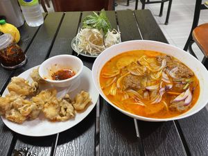Crispy king mushrooms and mock spicy beef noodle… (the mock beef is tofu not gluten, delicious!)  at Viet Chay vegetarian cuisine in Toronto