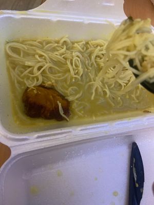 What was left of my mom’s curry Chick’un. It had different shapes/kinds of tofu in it which looked fun. She said it was alright.   at Viet Chay vegetarian cuisine in Toronto