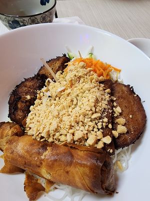 Bun thit nuong cha gio - Noodles with egg rolls and grilled fake meat at Viet Chay vegetarian cuisine in Toronto