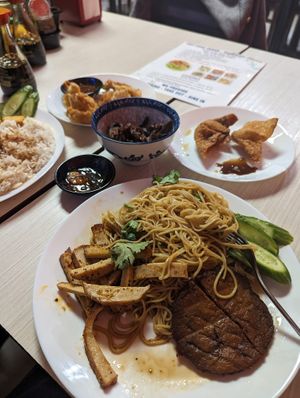 Noodles, ribs, lemongrass tofu, vegan bbq, crispy king mushrooms and fried wontons  at Viet Chay vegetarian cuisine in Toronto
