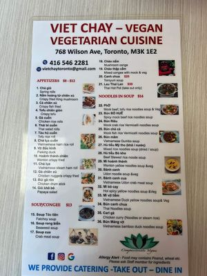 Menu at Viet Chay vegetarian cuisine in Toronto