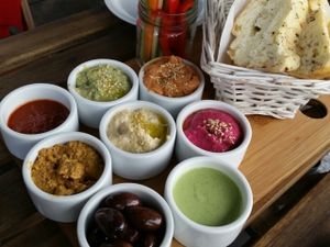 abu gosh with gluten free bread at Tel Aviv Urban Food in Warsaw