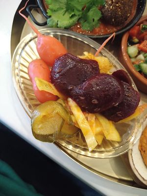 part of the breakfast plate, pickled veggies at Tel Aviv Urban Food in Warsaw