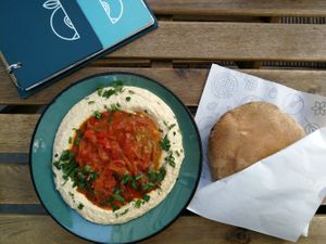 Hummus with shakshuka at Tel Aviv Urban Food in Warsaw
