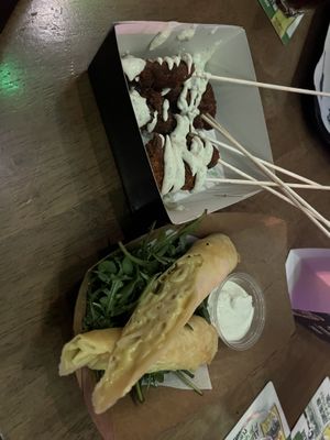 Oyster mushroom skewers vegan (mac and cheese spring roll- veggie)   at Common Market in Belfast