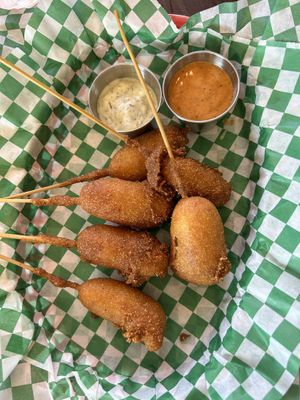 Mini carrot corn dogs   at Burly's in Sacramento