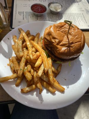 Impossible burger with fries   at Wirtshaus in Los Angeles